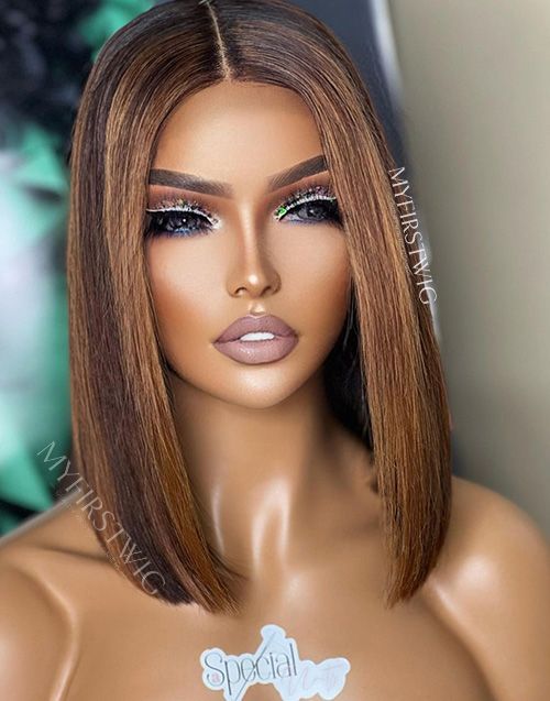 Aspecialunit - Malaysian Hair Brown Ombre Highlight Bob Lace Front Wig - SPE004