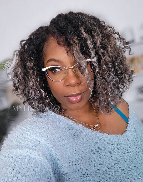 Grey Highlight Curly Side Part Glueless Invisible Lace Front Wig - KIE002
