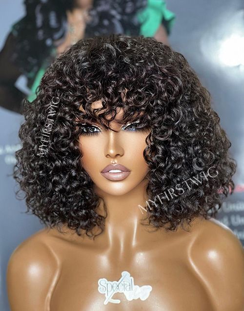 Aspecialunit Malaysian Hair Curly Bob Wig With Bangs Lace Front