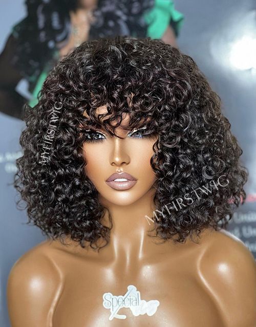 Aspecialunit - Malaysian Hair Curly Bob Wig With Bangs Lace Front Wig - SPE014