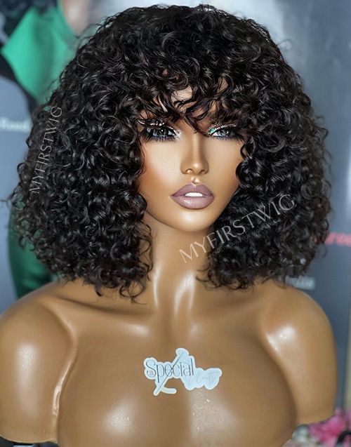 Aspecialunit - Malaysian Hair Curly Bob Wig With Bangs Lace Front Wig - SPE014