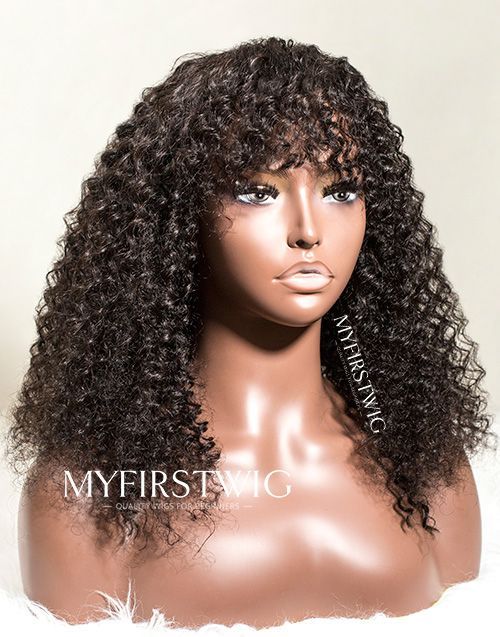 Malaysian Human Hair Curly Lace Front Wig With Bangs - LFC017