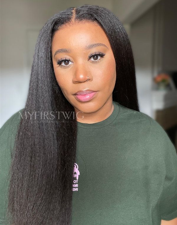 4C Natural Edges - Kinky Straight With Middle Part Glueless Invisible Lace Front Wigs - LFK006