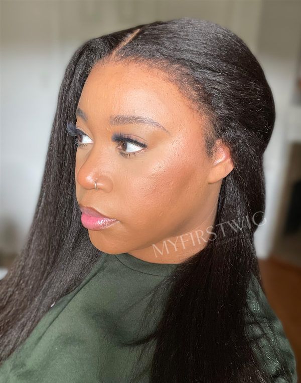 4C Natural Edges - Kinky Straight With Middle Part Glueless Invisible Lace Front Wigs - LFK006