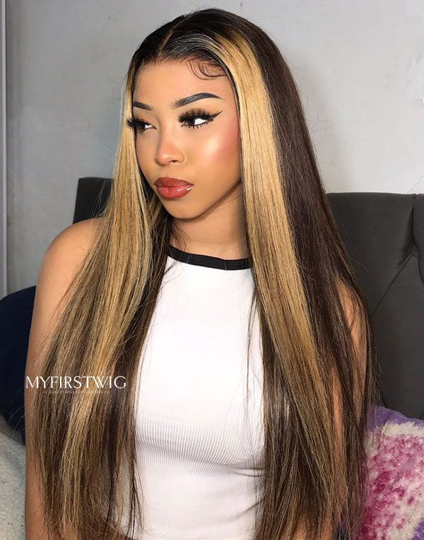 Malaysian Human Hair Blonde With Brown Skunk Stripe Straight Glueless Lace Wig - LFS017
