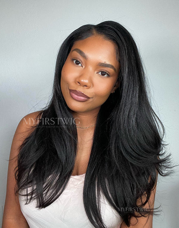 Side Part Yaki Straight Hair With Layers Malaysian Human Hair Lace Front Wig - LFS021