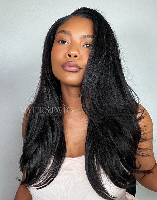 Side Part Yaki Straight Hair With Layers Malaysian Human Hair Lace Front Wig - LFS021