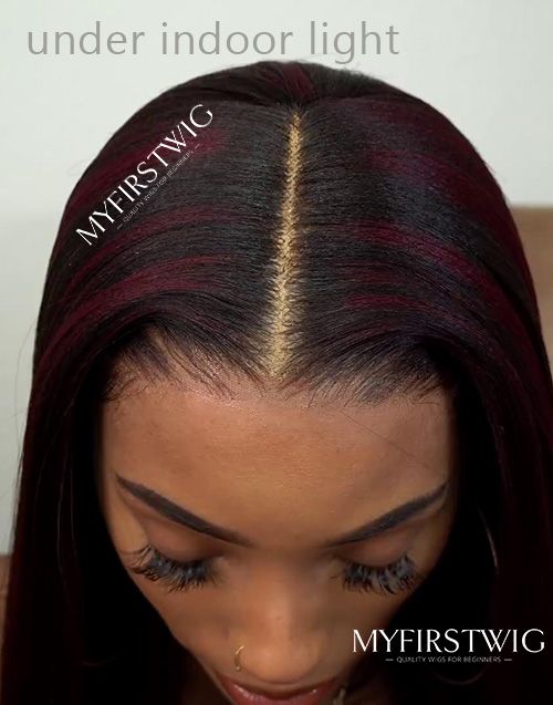 Glueless Malaysian Human Hair Yaki Straight With Burgundy Highlight Lace Front Wig - YAKI010