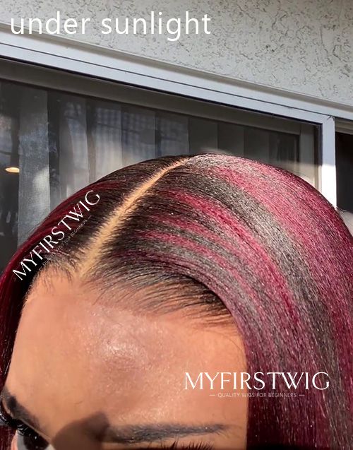 Malaysian Human Hair Yaki Straight With Burgundy Highlight Lace Front Wig - YAKI010