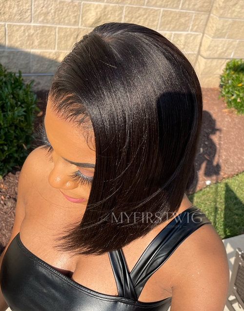 Beige - Relaxed Yaki Texture Side Part Bob Non-Asymmetrical Glueless Lace Front Wig - Yaki024