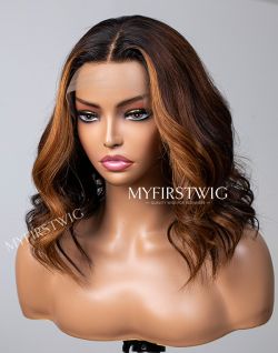 TOUCHEDBYAYE - Malaysian Human Hair Brown Ombre Short Wavy Lace Front Wig - TBA005
