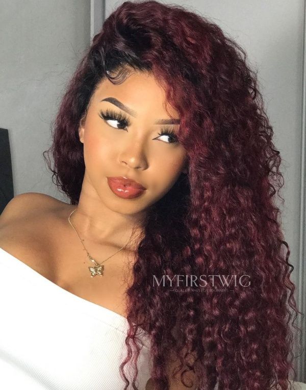MALAYSIAN HUMAN HAIR DEEP WAVE BURGUNDY CURLY HAIR GLUELESS LACE