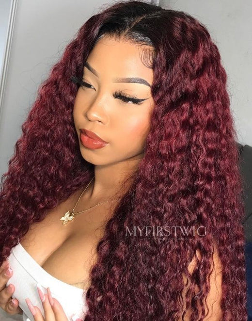 MALAYSIAN HUMAN HAIR DEEP WAVE BURGUNDY CURLY HAIR GLUELESS LACE FRONT WIG - LFC024