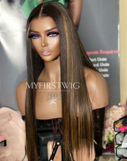 ASPECIALUNIT - Brown Highlight Straight Malaysian Human Hair Lace Front Wig - SPE023