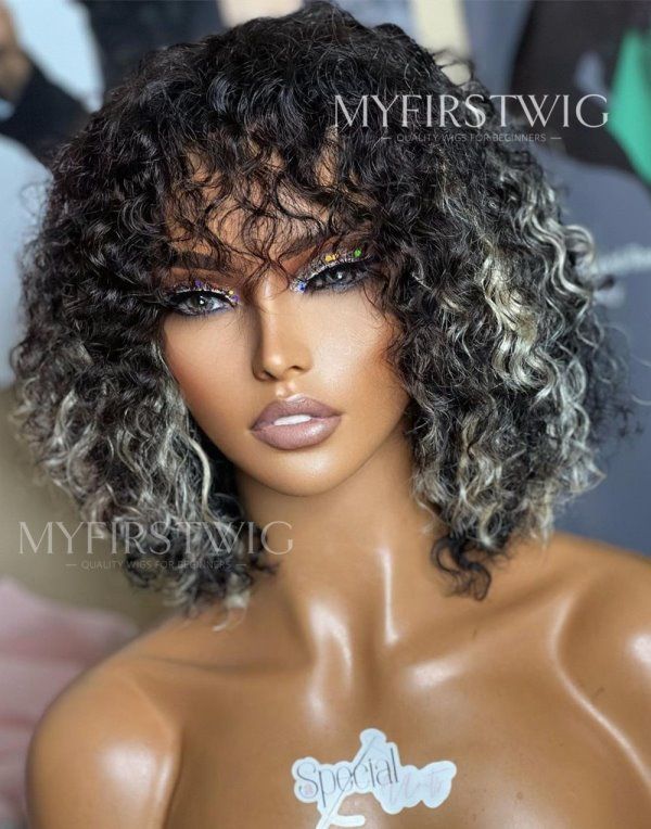 ASPECIALUNIT - Grey Highlight Curly With Bangs Human Hair Lace Front Wig - SPE024