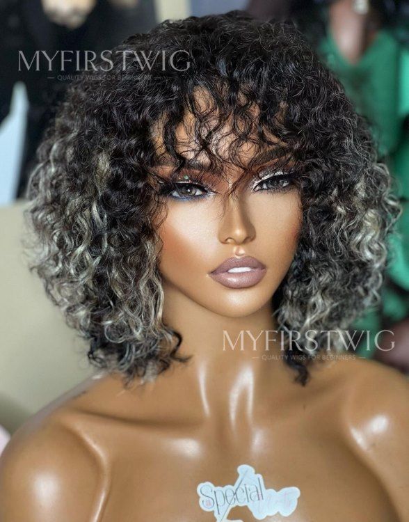 ASPECIALUNIT - Grey Highlight Curly With Bangs Human Hair Lace Front Wig - SPE024