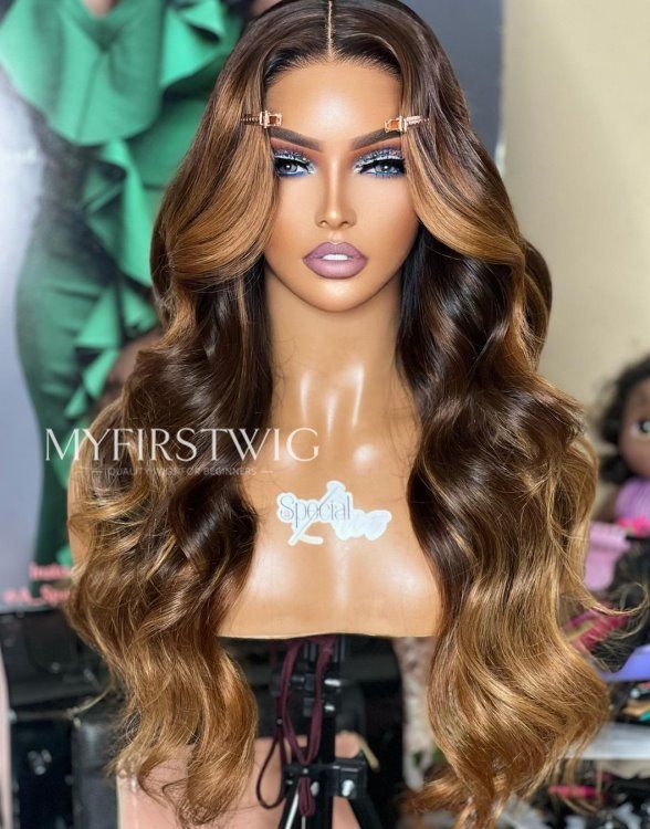 ASPECIALUNIT Ombre Brown Wavy Malaysian Human Hair Lace Front Wig SPE030