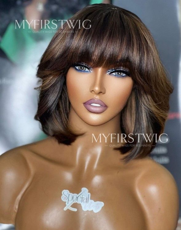 ASPECIALUNIT - HUMAN HAIR BROWN HIGHLIGHT BOB WITH BANGS LACE FRONT WIG - SPE033