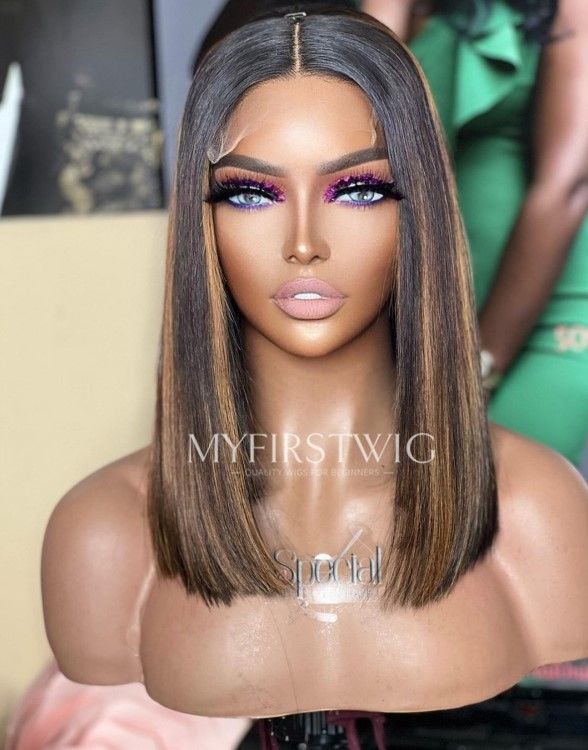 ASPECIALUNIT - HUMAN HAIR BROWN HIGHLIGHT BOB LACE FRONT WIG - SPE034