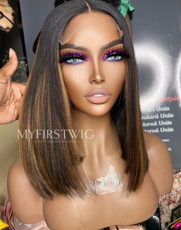 ASPECIALUNIT - HUMAN HAIR BROWN HIGHLIGHT BOB LACE FRONT WIG - SPE034