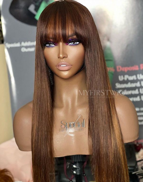 ASPECIALUNIT - Brown With Blonde Highlight Straight With Bangs Lace Front Wig - SPE054