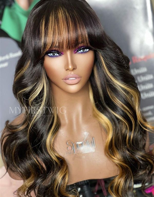 ASPECIALUNIT - Blonde Highlight Wavy With Bangs Lace Front Wig - SPE055