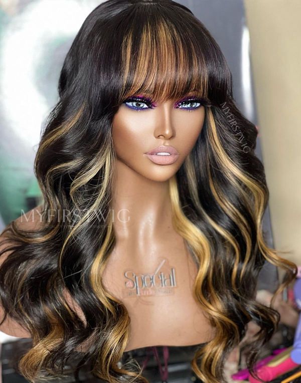 ASPECIALUNIT - Blonde Highlight Wavy With Bangs Lace Front Wig - SPE055