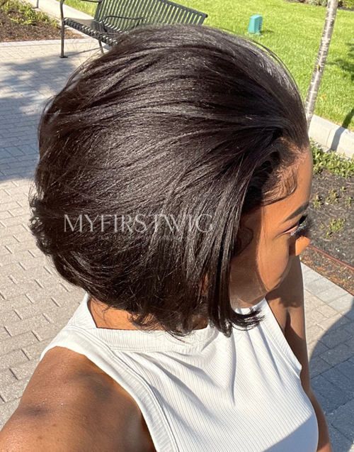 V PART WIG - Human Hair Yaki Blunt Cut Bob with Middle Part - VPS011