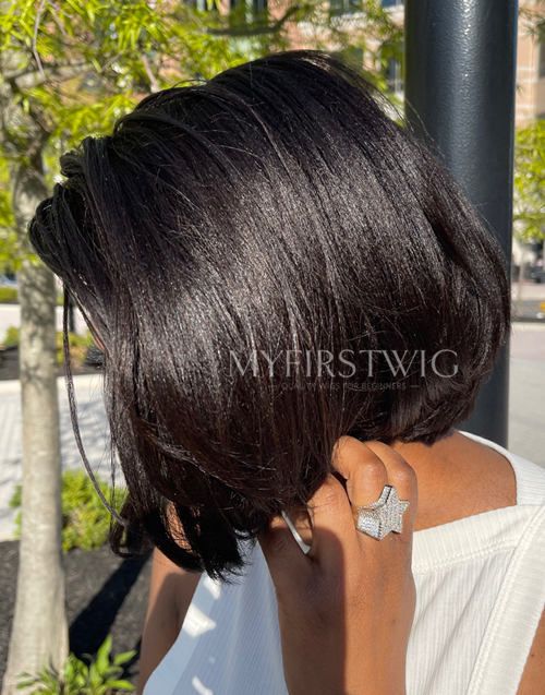 5X5 CLOSURE WIG NATURAL HAIR TEXTURED YAKI BLUNT CUT BOB GLUELESS WIG INVISIBLE LACE FRONT WIG - YAKI023